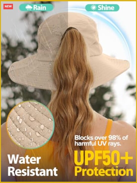 Sun Hat with Ponytail Hole UPF 50+ Waterproof Wide Brim Hiking Fishing Hat